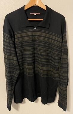 Peruvian Connection Sweater Mens Large Black Baby Alpaca Stripe Collared FLAW
